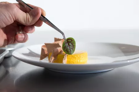 An herb grown in the ICE hydroponic garden is placed on a plated dish by a chef 