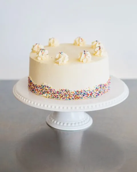 Small decorated white cake with multi-colored sprinkles.