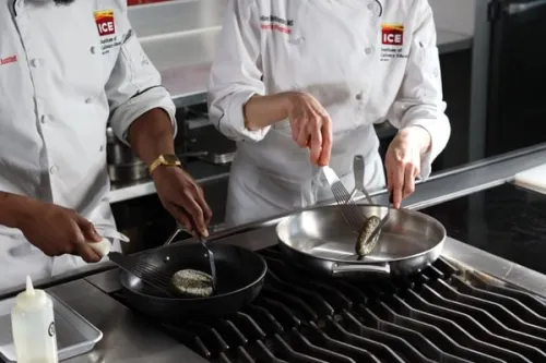 a chef and student from ICE's Culinary Nutrition course cooke veggies burgers side by side