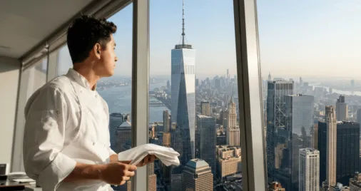 A chef in a white uniform holds a knife, gazing out a large window at the city skyline, featuring a prominent skyscraper under a clear sky.