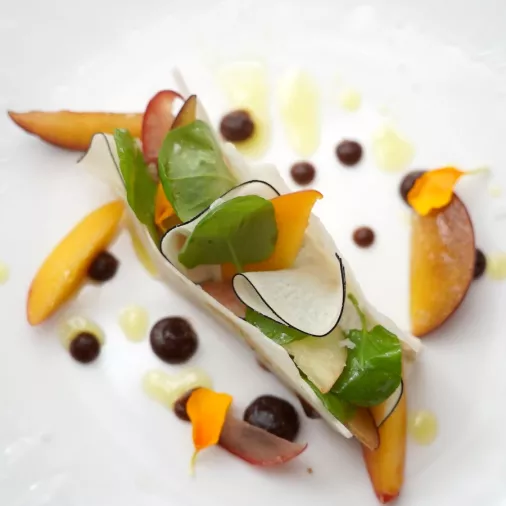 A stone fruit summer salad with peaches, greens and jicama sits on a white plate