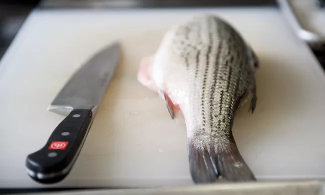 A fish lays next to a knife on a cutting board