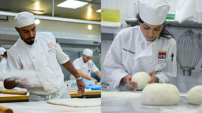 An ICC student and an ICE student each work with dough