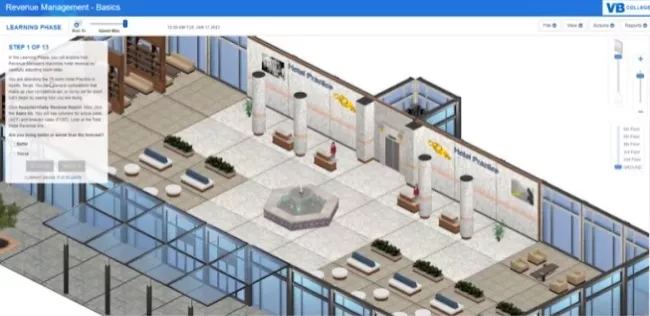 Screen shot of a digital hotel lobby on simulation software used by Tourism, Travel & Hospitality Management students to practice in a virtual world