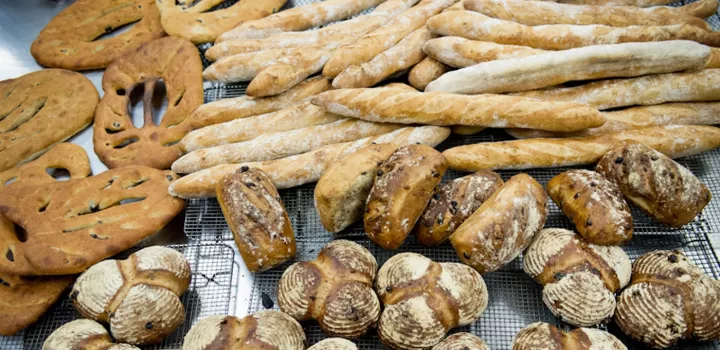 freshly baked breads of various shapes and sizes