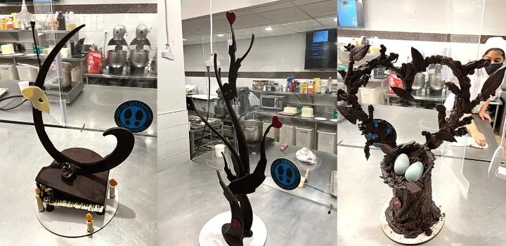 series of three photos; chocolate sculptures made by students left to right: piano, tree, birds nest