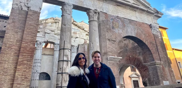 Padma and Anthony pose in front of Roman ruins following the "Top Chef" finale in Italy