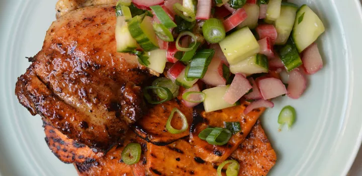 Spicy Chicken Thighs with Sweet Potatoes and Cucumber-Rhubarb Salsa