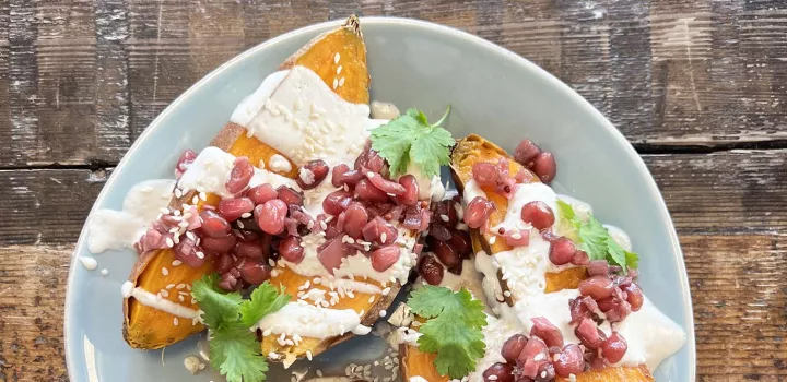 Loaded Sweet Potato with Fermented Pomegranate Ginger Salsa & Whipped Tahini