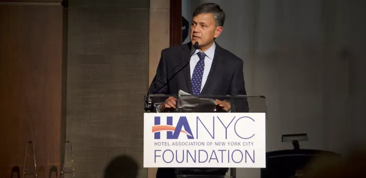 HANYC President and CEO Vijay Dandapani announces ICE as the hotel association's exclusive, official education partner.