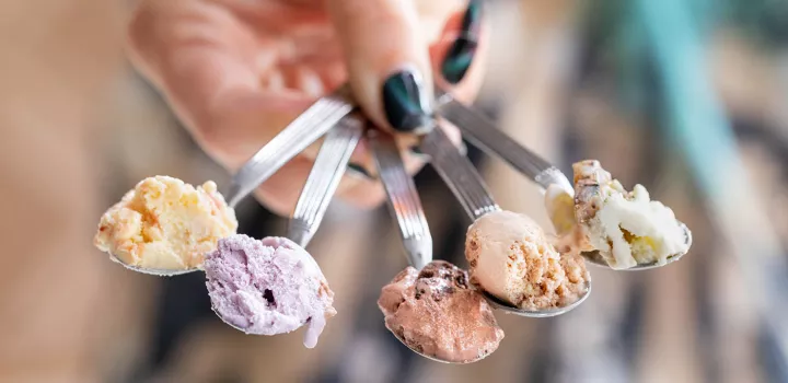 Five Salt & Straw ice cream flavors on spoons
