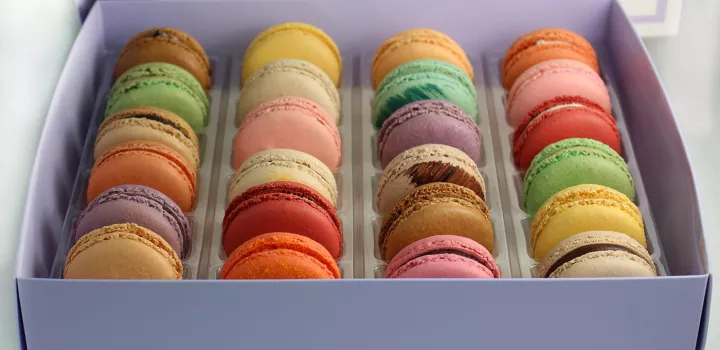 A box of assorted macarons from Macaron Parlour