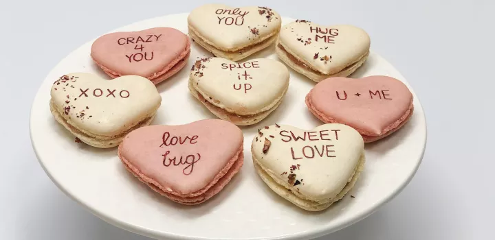 Chef Penny's rose conversation heart macarons.