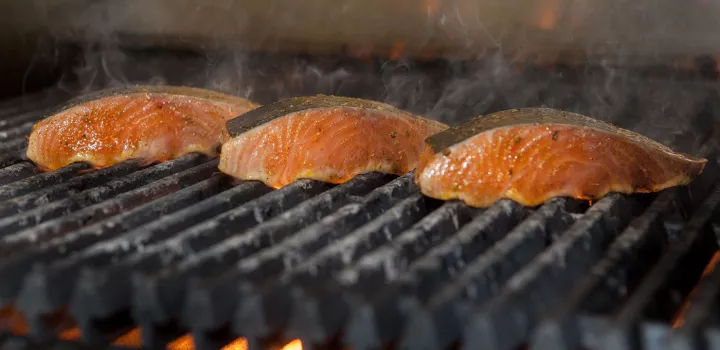 Salmon cooks on the grill.