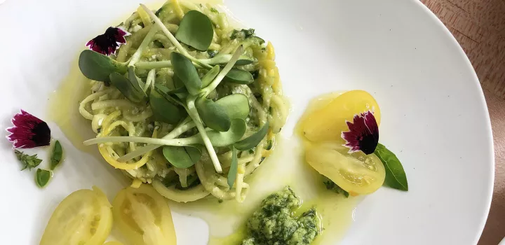Summer Squash Spaghetti with arugula pesto