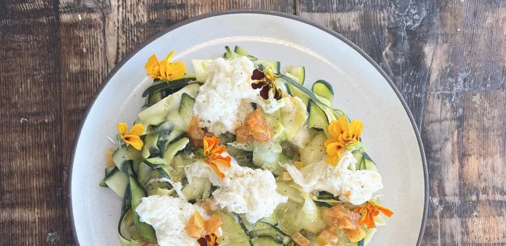 Preserved Harissa Lemon Zucchini Ribbons with Fresh Stracciatella