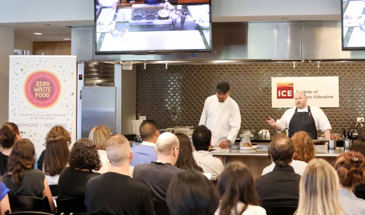 Chef Dan Kluger speaks during his demonstration at the Institute of Culinary Education's Zero Waste Food Conference with The New School