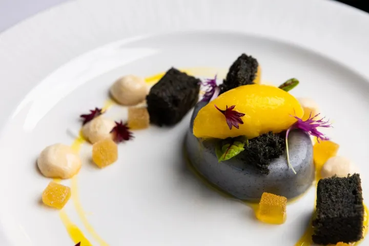 A plated dessert featuring various elements taught in ICE's Advanced Pastry & Baking Techniques course