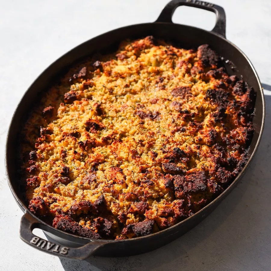 Casserole dish with stuffing in it